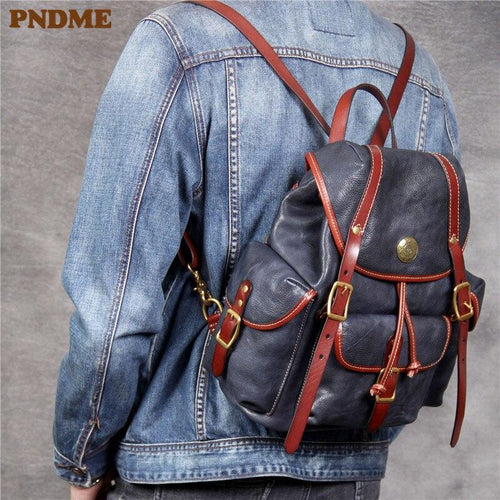 PNDME vintage handmade designer high quality genuine leather men's women's backpack soft cowhide luxury fashion travel bagpack