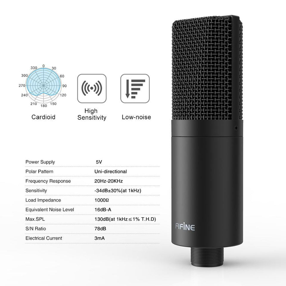 FIFINE USB Condenser PC  Microphone with Adjustable desktop mic arm &shock mount for  Studio Recording YouTube Vocals  Voice