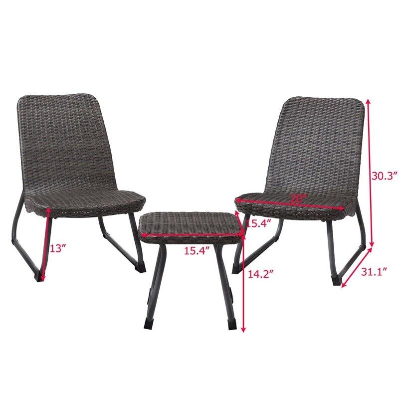 3 Pcs Outdoor All Weather Rattan Steel Conversation Chair Table Set Waterproof Cushioned Patio Garden Patio Furniture HW56049