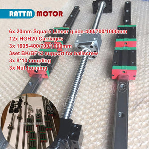 3sets Square Linear Rails kit L-400/700/1000mm & 3pcs Ballscrew 1605-400/700/1000mm with Nut & 3set BK/B12 & Coupling for CNC