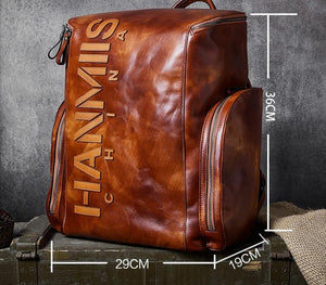 3D lettering New leather men's backpack retro first layer leather men laptop shoulder bag bucket bag male travel backpacks