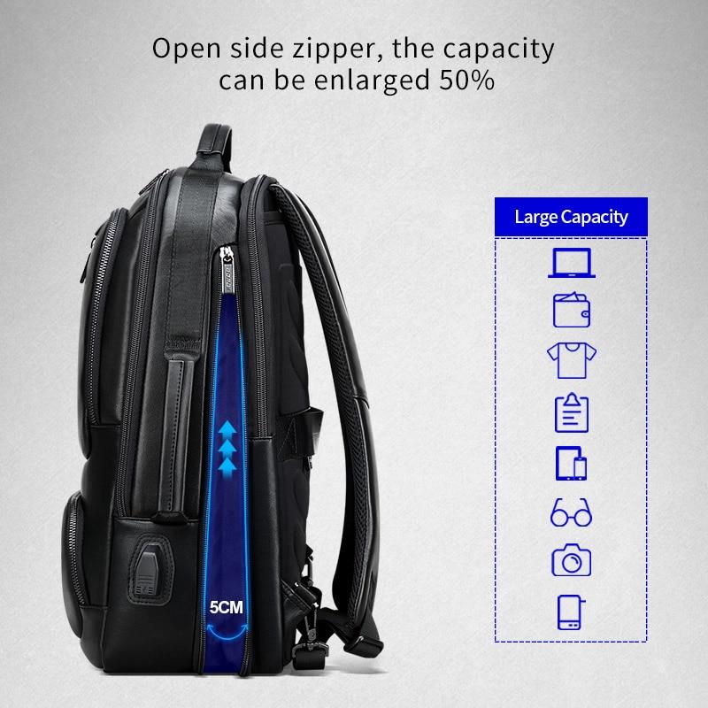 BOPAI Genuine Leather Backpack Men Laptop Backpack for 15.6 Inch USB Charging Port Enlarge Business Backpack Anti Theft Backpack