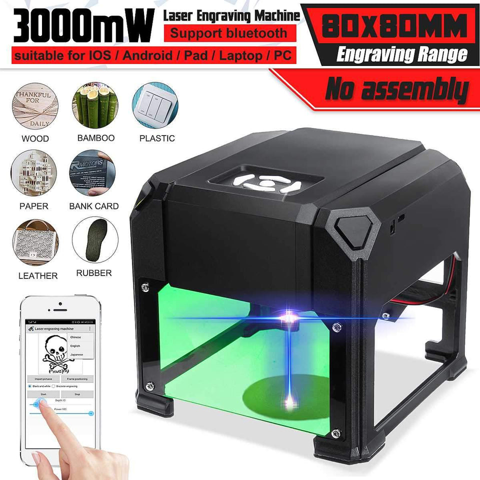 3000mw CNC bluetooth Laser Engraver DIY Logo Mark Printer Cutter Laser Engraving Machine Woodworking 80x80mm Engraving Ranges