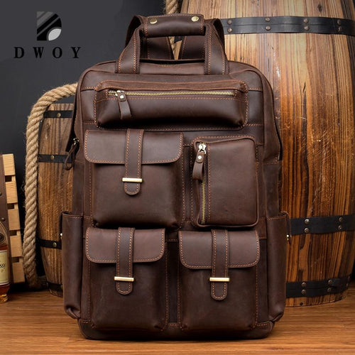 Brand Design Men Genuine Leather Backpack Crazy Horse Vintage Daypack Multi Pocket Casual Rucksack Vintage Handmade Tote