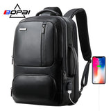 BOPAI Genuine Leather Backpack Men Laptop Backpack for 15.6 Inch USB Charging Port Enlarge Business Backpack Anti Theft Backpack