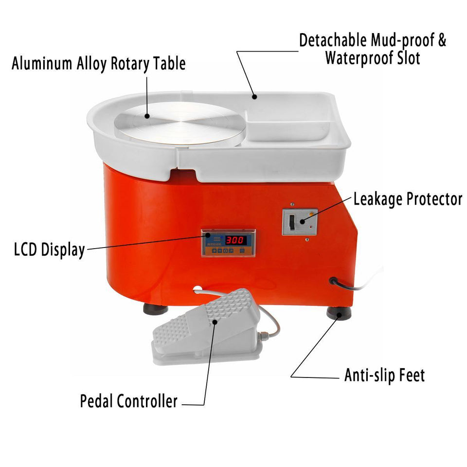 300W  AC 110V/220V Pottery Wheel Machine Ceramic Work Clay Art Flexible Foot Pedal LCD Control 42x52x35cm Metal+Aluminum Alloy