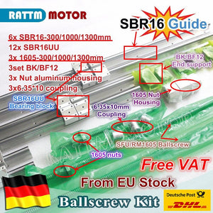 EU free VAT 6PCS linear rail SBR16 L-300/1000/1300mm & 3set Ballscrew SFU RM1605-300/1000/1300mm + Nut & 3set BK/B12 & Coupling