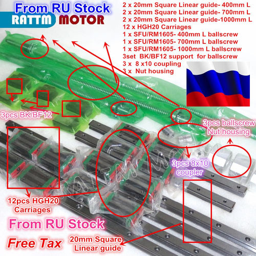 3sets Square Linear Rails kit L-400/700/1000mm & 3pcs Ballscrew 1605-400/700/1000mm with Nut & 3set BK/B12 & Coupling for CNC