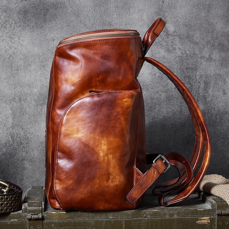 3D lettering New leather men's backpack retro first layer leather men laptop shoulder bag bucket bag male travel backpacks