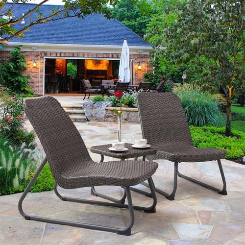 3 Pcs Outdoor All Weather Rattan Steel Conversation Chair Table Set Waterproof Cushioned Patio Garden Patio Furniture HW56049